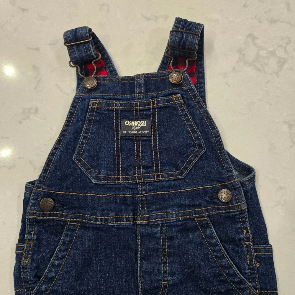 OshKosh Bgosh Kids Flannel Lined Denim Overalls Dark Wash Blue Red Plaid 18M